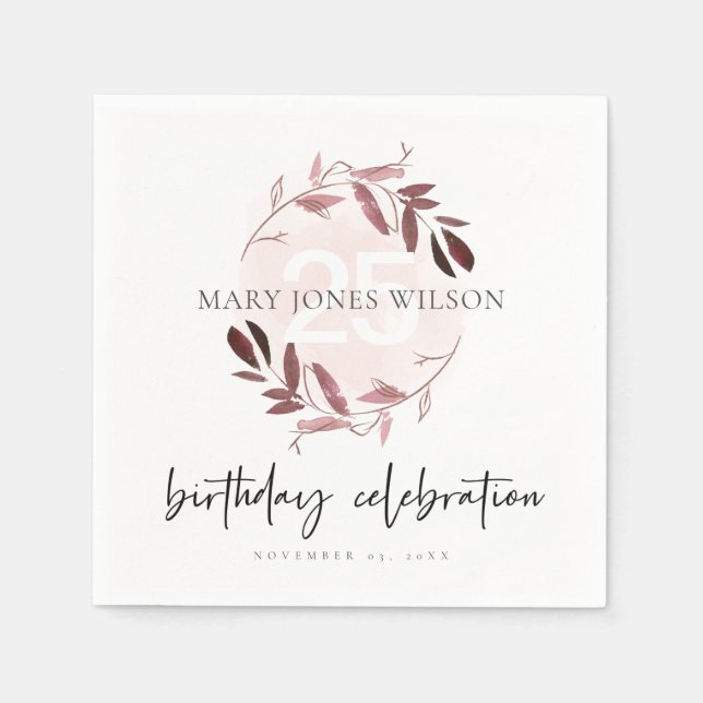ROSA LILA FOLIAGE WREATH ALLA ÅLDER 25:E BIRTHDAG PAPPERSSERVETT (Framsidan)