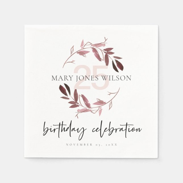 ROSA LILA FOLIAGE WREATH NÅGON ÅLDER 25 BIRTHDAY PAPPERSSERVETT (Framsidan)