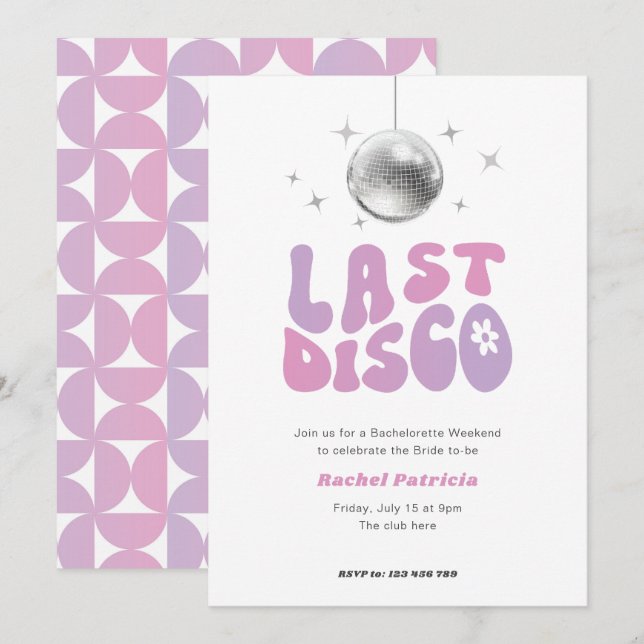 rosa lila förra disco, retro bachelorette-partiet inbjudningar (Fram/baksida)