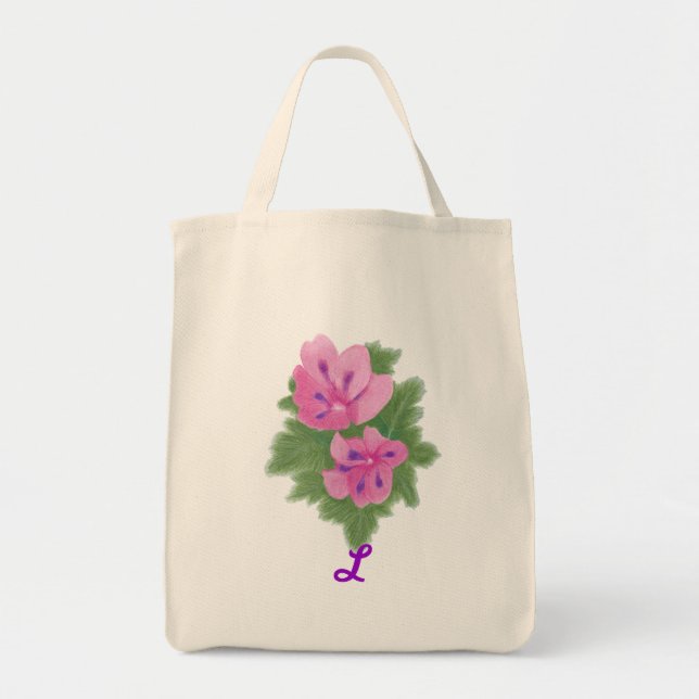 Rosa Lila Geranium Monogram Bröllop Tote bags Tygkasse (Framsidan)