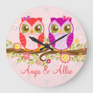 Rosa & Lila Girl Uggla - Anpassningsbar Wall Clock Stor Klocka