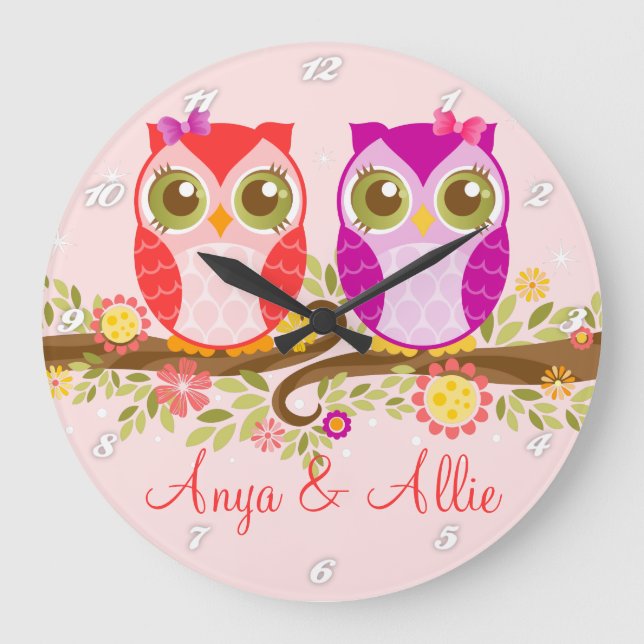 Rosa & Lila Girl Uggla - Anpassningsbar Wall Clock Stor Klocka (Framsida)