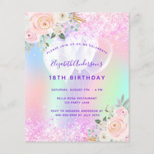 Rosa lila glitter blommigt om födelsedag flygblad