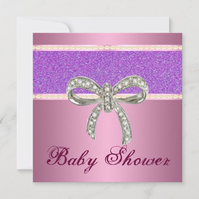 Rosa Lila Glitter Diamond Bow Baby Shower Inbjudan (Framsida)