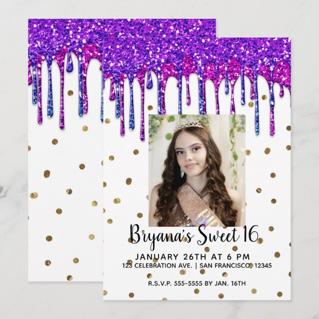 Rosa Lila Glitter Drip Birthday Sweet 16 Photo Inbjudningar (Fram/baksida)