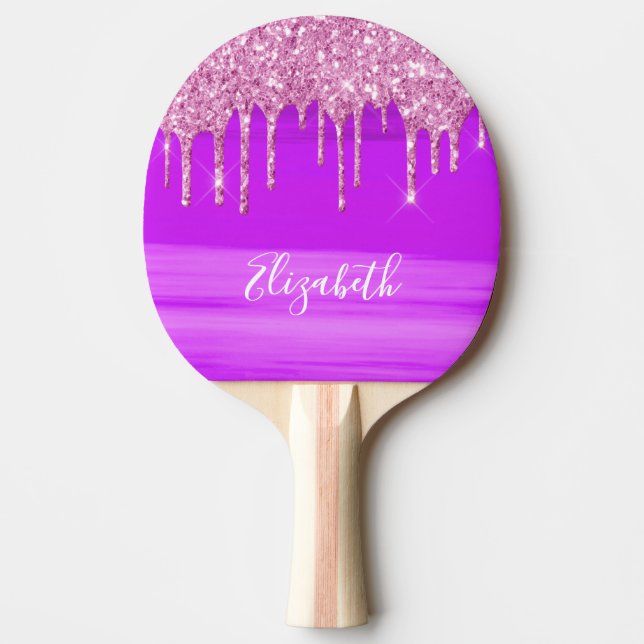 Rosa lila glitter drop namn monogram pingisracket (Framsidan)
