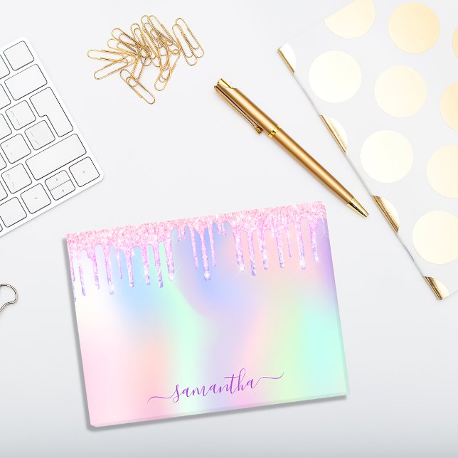 Rosa lila glitter droppar holografisk namn post-it block (Skapare uppladdad)