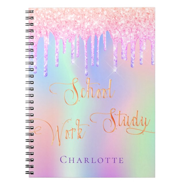 Rosa lila glitter droppar holografisk skola anteckningsbok (Framsidan)