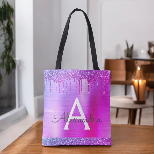 Rosa lila glitter Elegant monogram-handväska  Tygkasse (Skapare uppladdad)