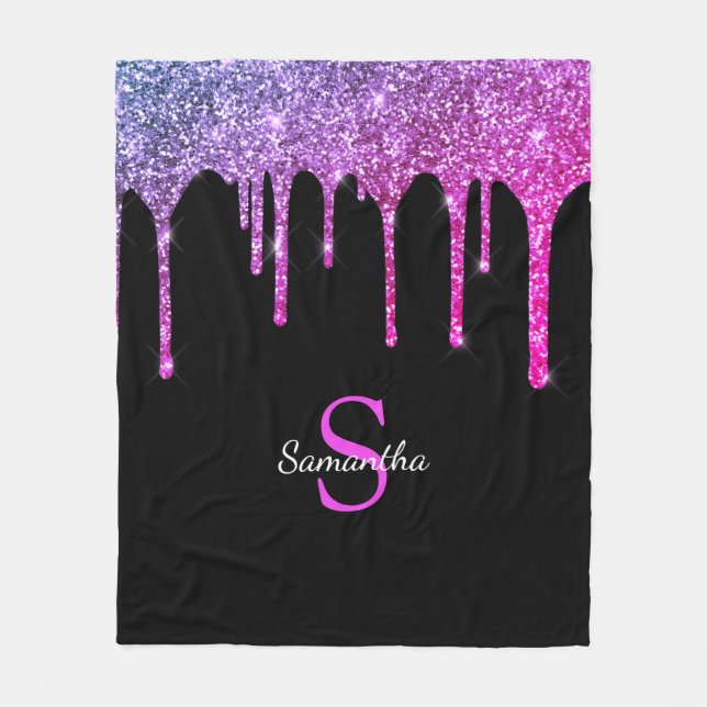 Rosa Lila Glitter Gnistra Drives Monogram Namn Fleecefilt (Framsidan)