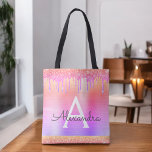 Rosa Lila Glitter Gnistra Elegant Monogram Tygkasse<br><div class="desc">Guld, Rosa och Lila Rainbow Pastel Ombre Faux Gnistra och Dripping Glitter Metallic Stainless Steel Foil Elegant Monogram Bok Bag. Denna Bok-bag kan anpassas så att den omfattar ditt första och första namn och ges som en gåva till jul, Sverige 16, 18, 21:e, 30:e, 40:e, 50:e eller 60:e födelsedagen, Möhippan...</div>