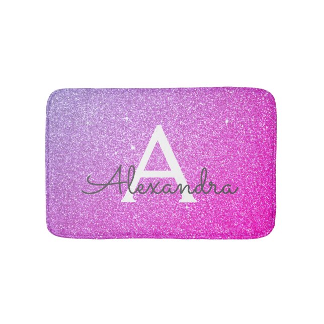 Rosa Lila Glitter Gnistra Monogram Bath Mat Badrumsmatta (Framsidan)