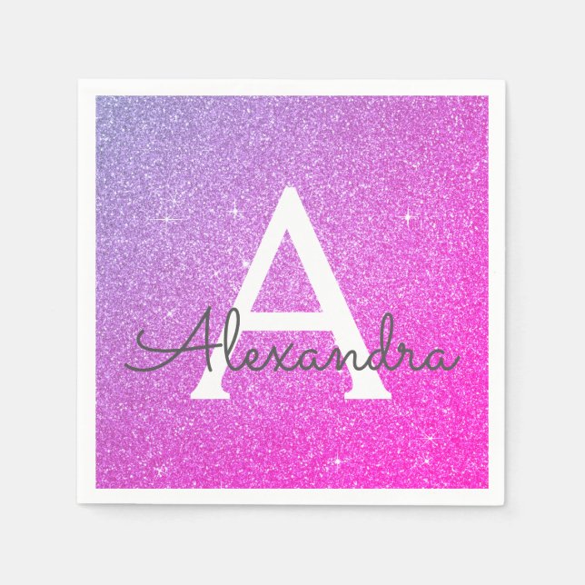 Rosa - Lila Glitter & Gnistra Monogram födelsedag Pappersservett (Framsidan)