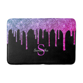 Rosa Lila Glitter Gnistrande Dropar Monogram Namn Badrumsmatta