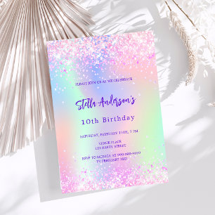 Rosa lila glitter holografi 10 födelsedag inbjudningar