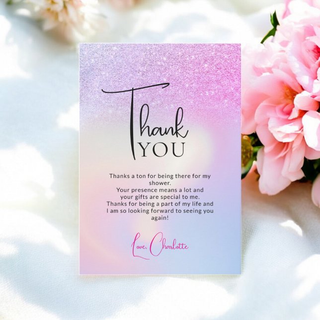Rosa lila glitter holografisk bröllopsfest tack kort (Pink Purple Glitter Holographic bridal shower Thank You Card)