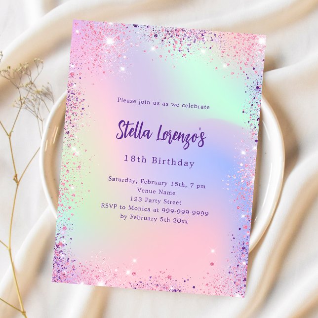 Rosa lila glitter holografisk födelsedag inbjudningar (Skapare uppladdad)