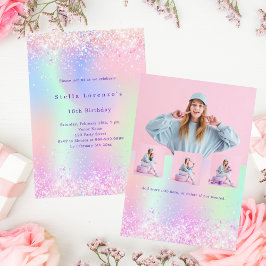 Rosa lila glitter holografisk fotofödelsefödelseda inbjudningar
