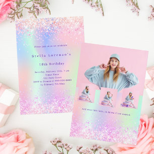 Rosa lila glitter holografisk fotofödelsefödelseda inbjudningar