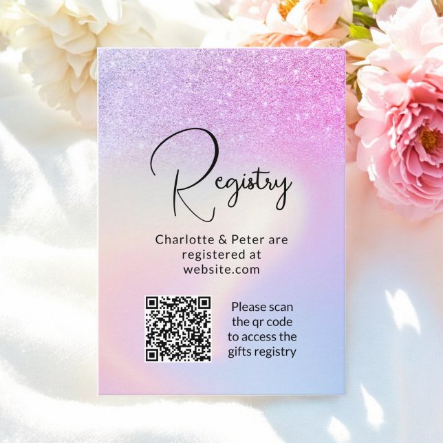 Rosa Lila Glitter Holografisk möhippa register qr Tilläggskort (Pink Purple Glitter Holographic bridal registry qr Enclosure Card)