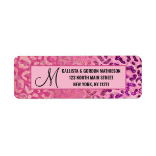 Rosa Lila Glitter Leopard Animal Print Monogram Returadress Etikett