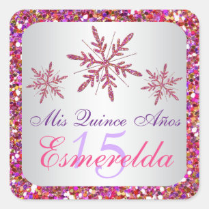 Rosa, Lila Glitter LOOK Snöflingor Sticker Fyrkantigt Klistermärke