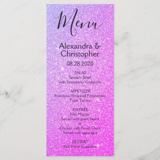 Rosa Lila Glitter och Gnistra Bröllop Menu Meny (Framsida)