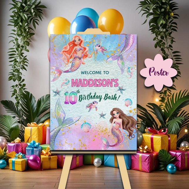 Rosa lila glitter sjöjungfrur 10-års födelsedags v poster (Skapare uppladdad)