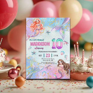Rosa lila glitter sjöjungfrur 10-års födelsedagsfe inbjudningar