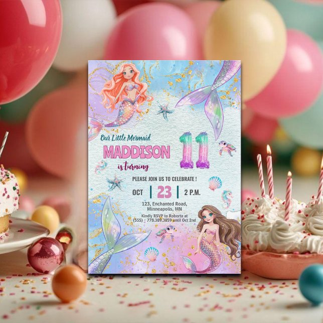 Rosa lila glitter sjöjungfrur 11-års födelsedagsfe inbjudningar (Skapare uppladdad)