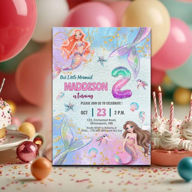 Rosa lila glitter sjöjungfrur 2-års födelsedagsfes inbjudningar (Skapare uppladdad)