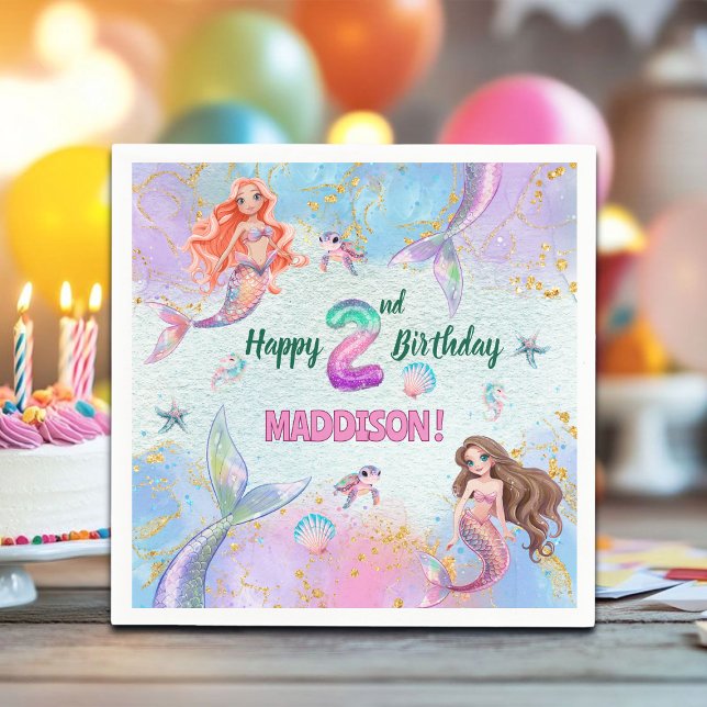 Rosa lila glitter sjöjungfrur 2-års födelsedagsfes pappersservett (Skapare uppladdad)