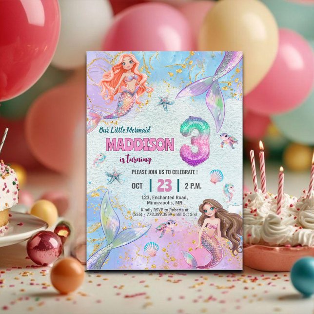 Rosa lila glitter sjöjungfrur 3-års födelsedagsfes inbjudningar (Skapare uppladdad)