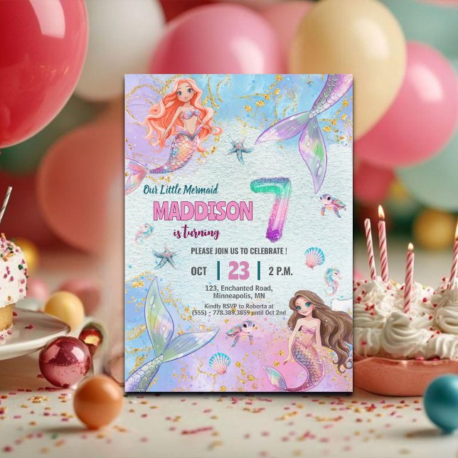 Rosa lila glitter sjöjungfrur 7-års födelsedagsfes inbjudningar (Skapare uppladdad)