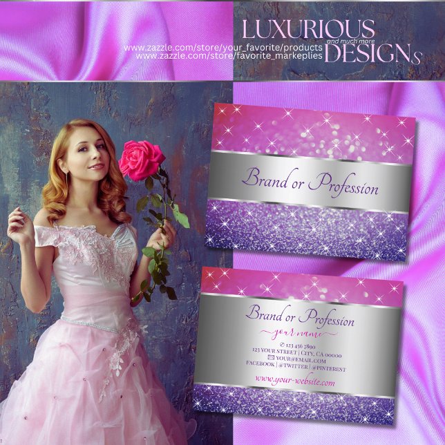 Rosa Lila Glitter Stars Decorative Silver Visitkort (Skapare uppladdad)
