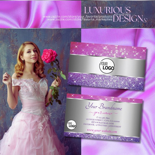 Rosa Lila Glitter Stars och Logotyp Silver Visitkort (Skapare uppladdad)
