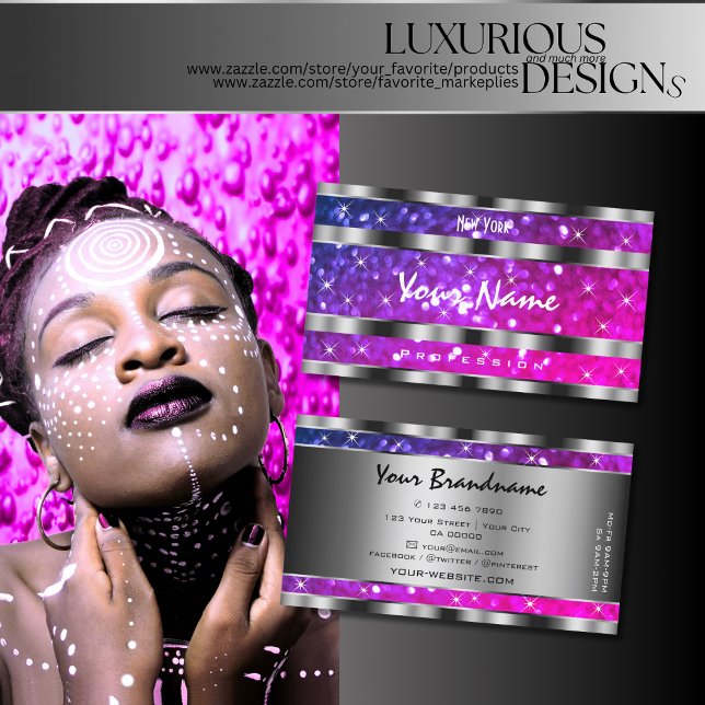 Rosa Lila Glitter Stars Silver Decor Dekoration Visitkort (Skapare uppladdad)