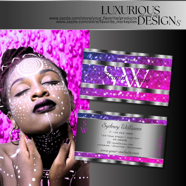 Rosa Lila Glitter Stars Silver Decor Monogram Visitkort (Skapare uppladdad)