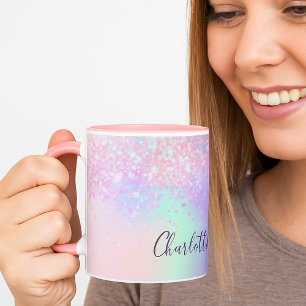 Rosa lila glitter stolografiskt namn-skript m mugg