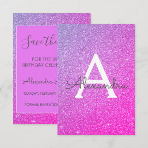 Rosa Lila Glitter Sweet 16 Spara datum Inbjudningar