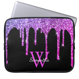 Rosa Lila Glitterdropar Gnistrar Monogram Namn Laptop Fodral