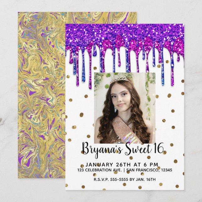 Rosa lila glitterdropp födelsedag Sweet 16 Foto Inbjudningar (Fram/baksida)