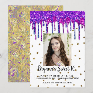 Rosa lila glitterdropp födelsedag Sweet 16 Foto Inbjudningar