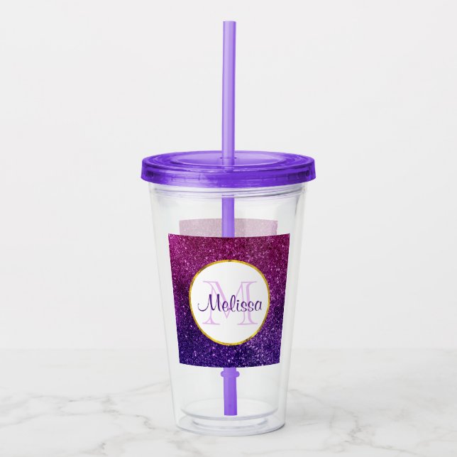 Rosa & lila glittrande glitter ädelstenar monogram take away mugg (Framsida)
