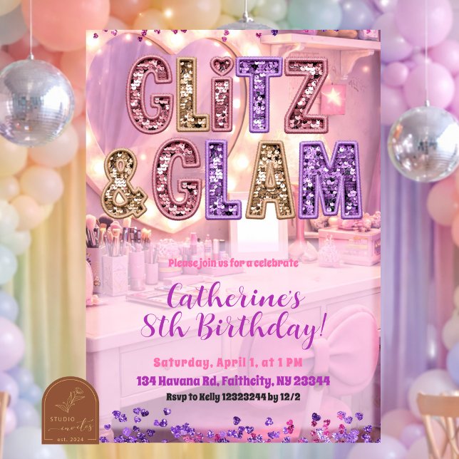 Rosa lila Glitz och Glam sminkfest inbjudan (Skapare uppladdad)