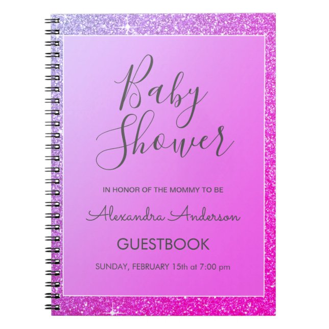 Rosa Lila Gnistra Glitter Baby Shower Guestbook Anteckningsbok (Framsidan)