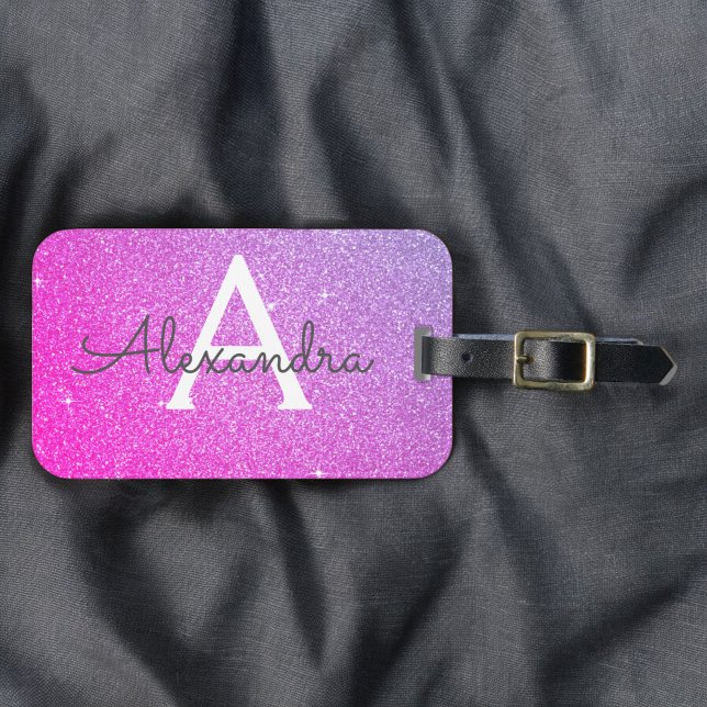 Rosa - Lila Gnistra Glitter Monogram Namn Bagagebricka (Skapare uppladdad)