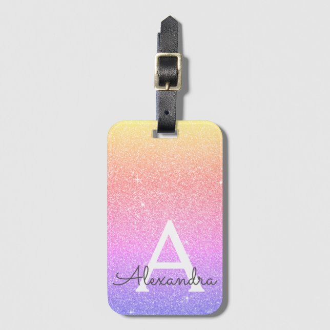 Rosa Lila Gnistra Glitter Monogram Namn Bagagebricka (Framsida vertikal)