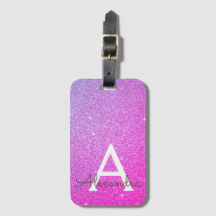 Rosa Lila Gnistra Glitter Monogram Namn Bagagebricka
