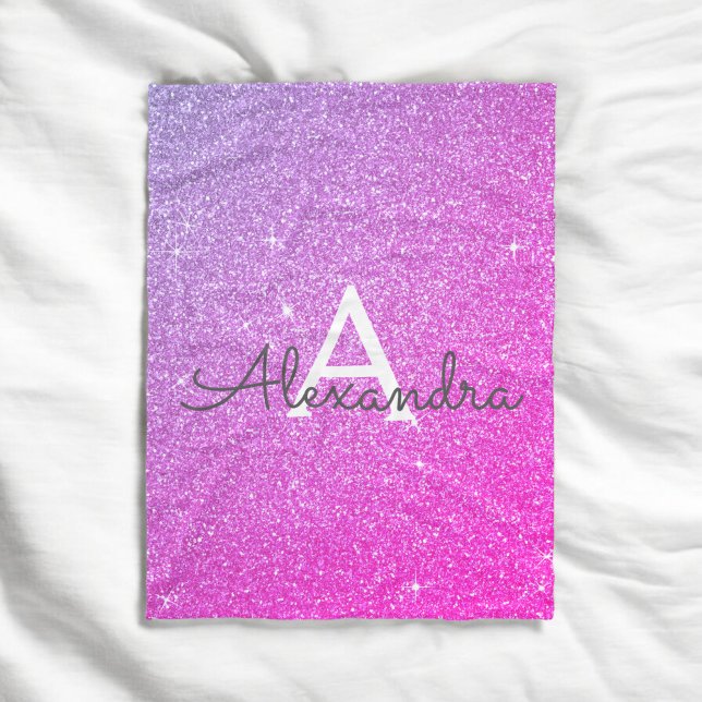 Rosa Lila Gnistra Glitter Monogram Namn Fleecefilt (Skapare uppladdad)